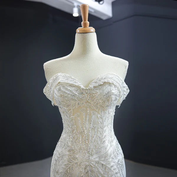 Luxury / Gorgeous Ivory Bridal Wedding Dresses 2020 Trumpet / Mermaid Off-The-Shoulder Short Sleeve Backless Sequins Beading Detachable Cathedral Train Ruffle