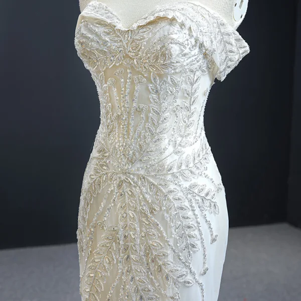 Luxury / Gorgeous Ivory Bridal Wedding Dresses 2020 Trumpet / Mermaid Off-The-Shoulder Short Sleeve Backless Sequins Beading Detachable Cathedral Train Ruffle