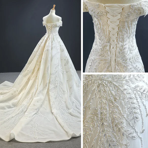 Luxury / Gorgeous Ivory Bridal Wedding Dresses 2020 Trumpet / Mermaid Off-The-Shoulder Short Sleeve Backless Sequins Beading Detachable Cathedral Train Ruffle