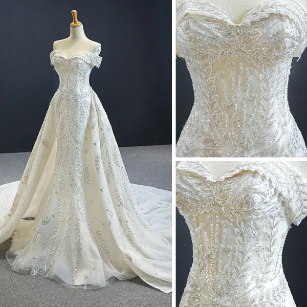 Luxury / Gorgeous Ivory Bridal Wedding Dresses 2020 Trumpet / Mermaid Off-The-Shoulder Short Sleeve Backless Sequins Beading Detachable Cathedral Train Ruffle