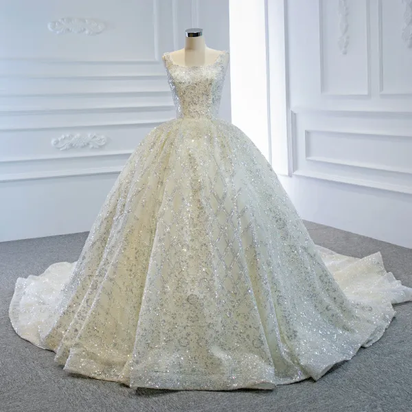 Luxury / Gorgeous Ivory Bridal Wedding Dresses 2020 Ball Gown Square Neckline Sleeveless Backless Handmade  Beading Sequins Chapel Train Ruffle