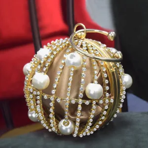 Unieke Goud Zijde Ronde Handtassen 2020 Metaal Parel Rhinestone