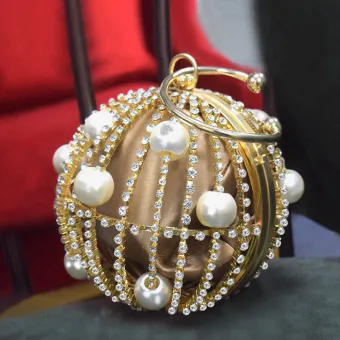 Amazing Unique Gold Silk Round Clutch Bags 2020 Metal Pearl Rhinestone