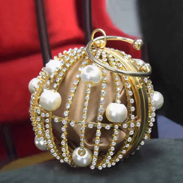 Amazing / Unique Gold Silk Round Clutch Bags 2020 Metal Pearl Rhinestone