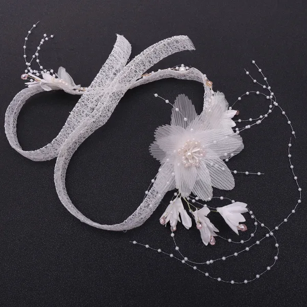 Elegant Hvit Pannebånd Har Tilbehor 2020 Polyester Blomst Beading Perle Dusk Bryllup Hodepynt