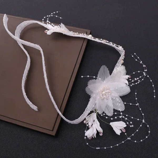 Elegant Hvit Pannebånd Har Tilbehor 2020 Polyester Blomst Beading Perle Dusk Bryllup Hodepynt