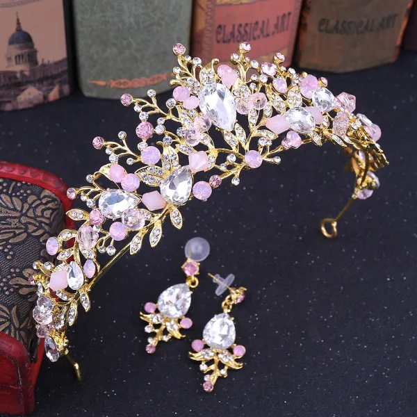 Chic / Beautiful Blushing Pink Bridal Jewelry 2020 Alloy Crystal Rhinestone Earrings Tiara Wedding Accessories