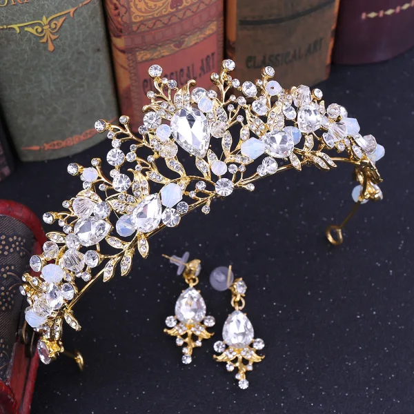 Snygga / Fina Rodnande Rosa Brudsmycken 2020 Legering Kristall Rhinestone Örhängen Tiara Bröllop Tillbehör