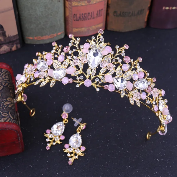 Snygga / Fina Rodnande Rosa Brudsmycken 2020 Legering Kristall Rhinestone Örhängen Tiara Bröllop Tillbehör