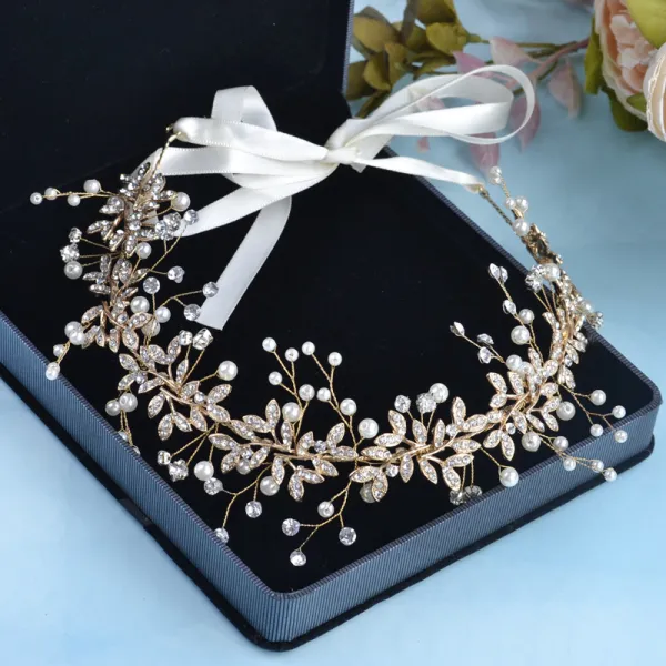 Elegante Gold Stirnbänder Haarschmuck Braut  2020 Legierung Perle Strass Schnüren Kopfschmuck Hochzeit Brautaccessoires