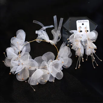 Chic Beautiful Gold Headbands Bridal Hair Accessories 2020 Alloy Lace Up Silk Flower Beading Headpieces Earrings Bridal Jewelry