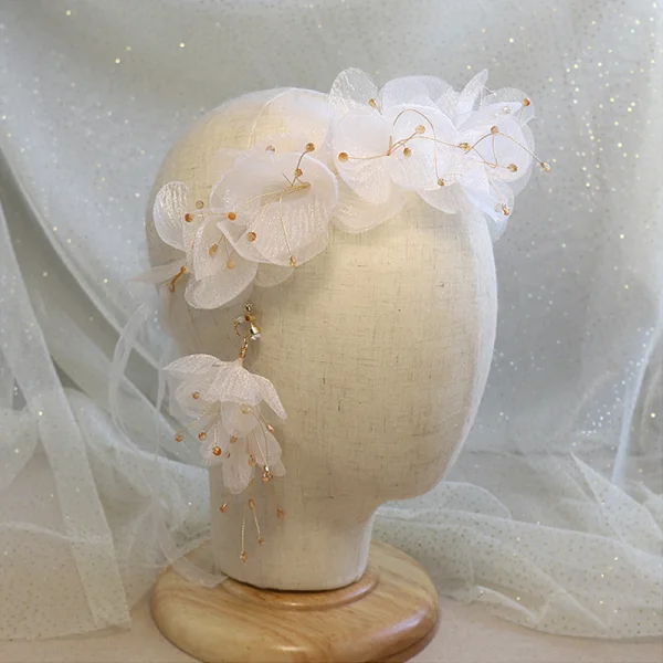 Chic / Belle Doré Bandeaux Accessoire Cheveux Mariage 2020 Alliage Lacer Fleur De Soie Perlage Accessoire Cheveux Boucles D'Oreilles Bijoux Mariage