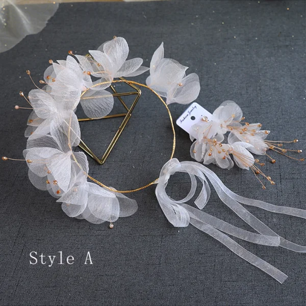Chic / Belle Doré Bandeaux Accessoire Cheveux Mariage 2020 Alliage Lacer Fleur De Soie Perlage Accessoire Cheveux Boucles D'Oreilles Bijoux Mariage