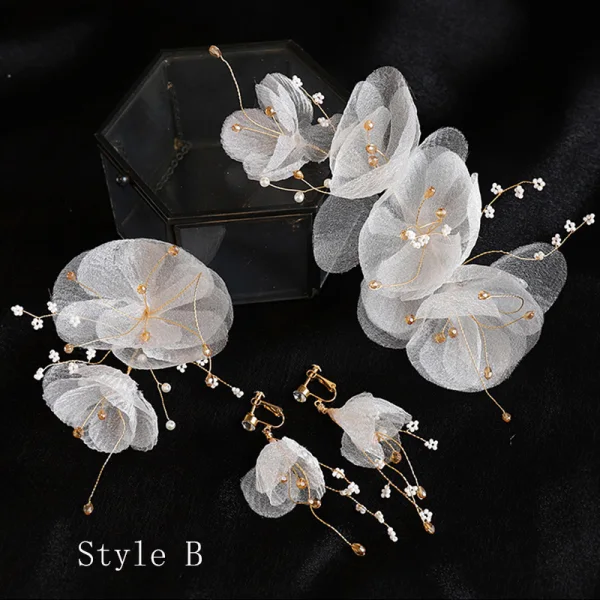 Chic / Belle Doré Bandeaux Accessoire Cheveux Mariage 2020 Alliage Lacer Fleur De Soie Perlage Accessoire Cheveux Boucles D'Oreilles Bijoux Mariage