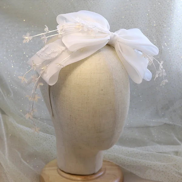 Vintage Hvit Hårbøyle Hodepynt 2020 Organza Sløyfe Beading Bryllup Tilbehør