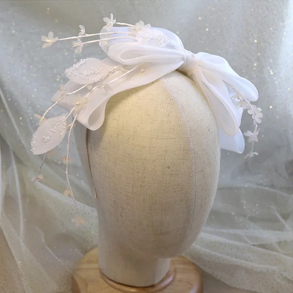 Vintage Hvit Hårbøyle Hodepynt 2020 Organza Sløyfe Beading Bryllup Tilbehør