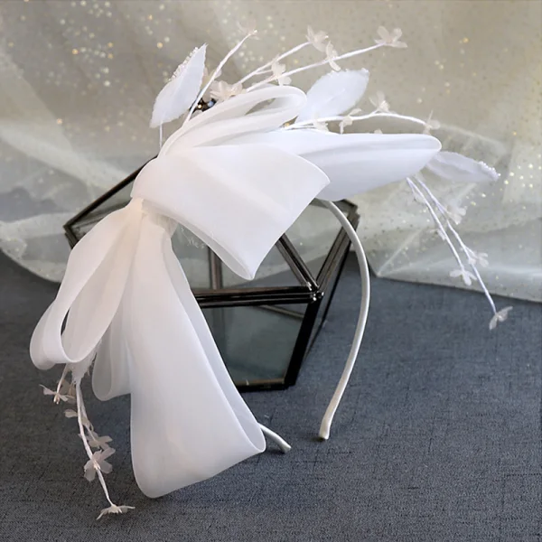 Vintage Hvit Hårbøyle Hodepynt 2020 Organza Sløyfe Beading Bryllup Tilbehør