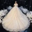 Schöne Champagner Hochzeits Brautkleider / Hochzeitskleider 2020 Ballkleid Durchsichtige Rundhalsausschnitt Kurze Ärmel Rückenfreies Applikationen Spitze Perlenstickerei Glanz Tülle Kathedrale Schleppe Rüschen