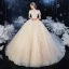 Schöne Champagner Hochzeits Brautkleider / Hochzeitskleider 2020 Ballkleid Durchsichtige Rundhalsausschnitt Kurze Ärmel Rückenfreies Applikationen Spitze Perlenstickerei Glanz Tülle Kathedrale Schleppe Rüschen