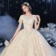Schöne Champagner Hochzeits Brautkleider / Hochzeitskleider 2020 Ballkleid Durchsichtige Rundhalsausschnitt Kurze Ärmel Rückenfreies Applikationen Spitze Perlenstickerei Glanz Tülle Kathedrale Schleppe Rüschen