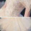 Schöne Champagner Hochzeits Brautkleider / Hochzeitskleider 2020 Ballkleid Durchsichtige Rundhalsausschnitt Kurze Ärmel Rückenfreies Applikationen Spitze Perlenstickerei Glanz Tülle Kathedrale Schleppe Rüschen