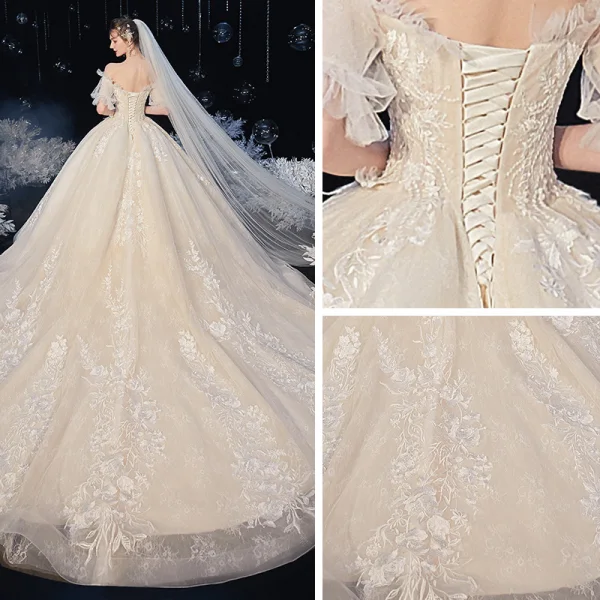 Style Victorien Ivoire La Mariée Robe De Mariée 2020 Robe Boule De l'épaule Gonflée Manches Courtes Dos Nu Fleur Appliques En Dentelle Perlage Cathedral Train Volants
