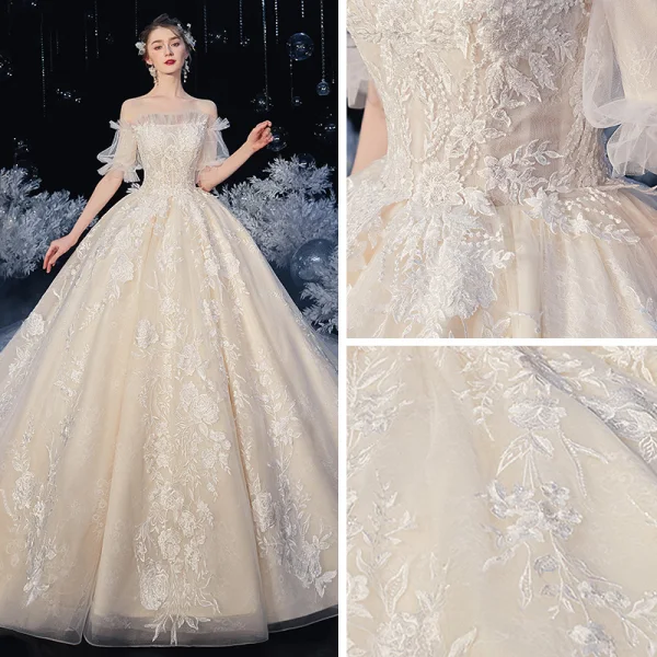 Style Victorien Ivoire La Mariée Robe De Mariée 2020 Robe Boule De l'épaule Gonflée Manches Courtes Dos Nu Fleur Appliques En Dentelle Perlage Cathedral Train Volants