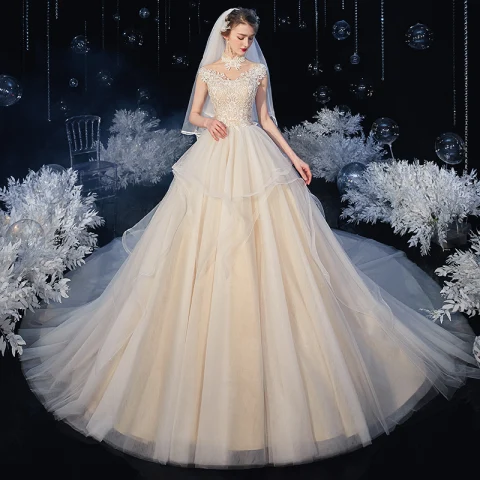 Vintage / Retro Ivory Bridal Wedding Dresses 2020 A-Line / Princess See-through High Neck Sleeveless Backless Appliques Lace Beading Chapel Train Ruffle