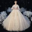Victorian Style Ivory Bridal Wedding Dresses 2020 Ball Gown See-through Scoop Neck Puffy 3/4 Sleeve Backless Appliques Lace Cathedral Train