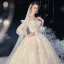 Victorian Style Ivory Bridal Wedding Dresses 2020 Ball Gown See-through Scoop Neck Puffy 3/4 Sleeve Backless Appliques Lace Cathedral Train