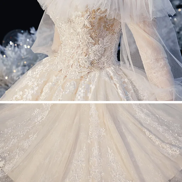 Victorian Style Ivory Bridal Wedding Dresses 2020 Ball Gown See-through Scoop Neck Puffy 3/4 Sleeve Backless Appliques Lace Cathedral Train