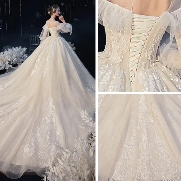 Victorian Style Ivory Bridal Wedding Dresses 2020 Ball Gown See-through Scoop Neck Puffy 3/4 Sleeve Backless Appliques Lace Cathedral Train