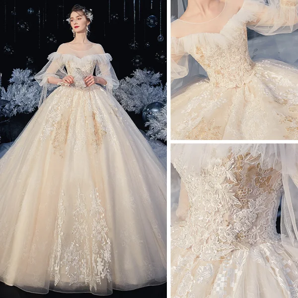 Victorian Style Ivory Bridal Wedding Dresses 2020 Ball Gown See-through Scoop Neck Puffy 3/4 Sleeve Backless Appliques Lace Cathedral Train