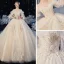 Victorian Style Ivory Bridal Wedding Dresses 2020 Ball Gown See-through Scoop Neck Puffy 3/4 Sleeve Backless Appliques Lace Cathedral Train
