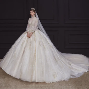 Victorian Style Champagne Bridal Wedding Dresses 2020 Ball Gown See Through High Neck Puffy Long Sleeve Backless Handmade Beading Pearl Appliques Lace Royal Train