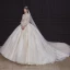 Viktorianischer Stil Champagner Hochzeits Brautkleider / Hochzeitskleider 2020 Ballkleid Durchsichtige Stehkragen Geschwollenes Lange Ärmel Rückenfreies Handgefertigt Perlenstickerei Perle Applikationen Spitze Königliche Schleppe