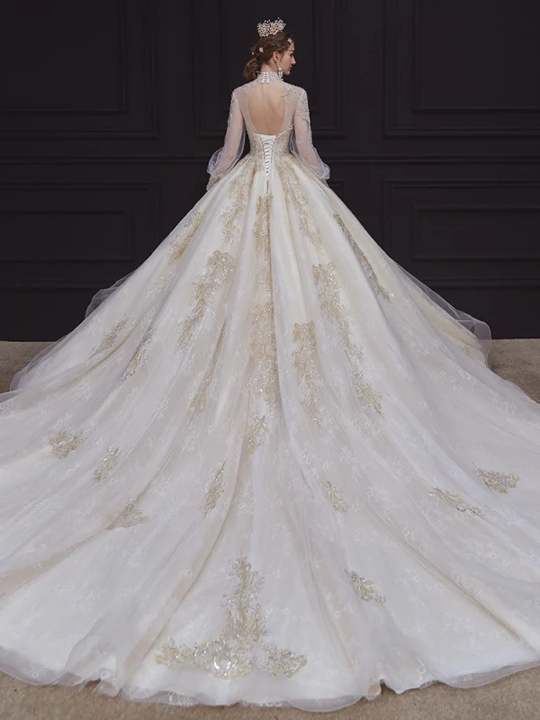 Victorian Style Champagne Bridal Wedding Dresses 2020 Ball Gown See-through High Neck Puffy Long Sleeve Backless Handmade Beading Pearl Appliques Lace Victorian Style Champagne Bridal Wedding Dresses 2020 Ball Gown See-through High Neck Puffy Long Sleeve Backless Handmade Beading Pearl Appliques Lace