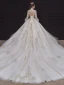 Viktorianischer Stil Champagner Hochzeits Brautkleider / Hochzeitskleider 2020 Ballkleid Durchsichtige Stehkragen Geschwollenes Lange Ärmel Rückenfreies Handgefertigt Perlenstickerei Perle Applikationen Spitze Königliche Schleppe