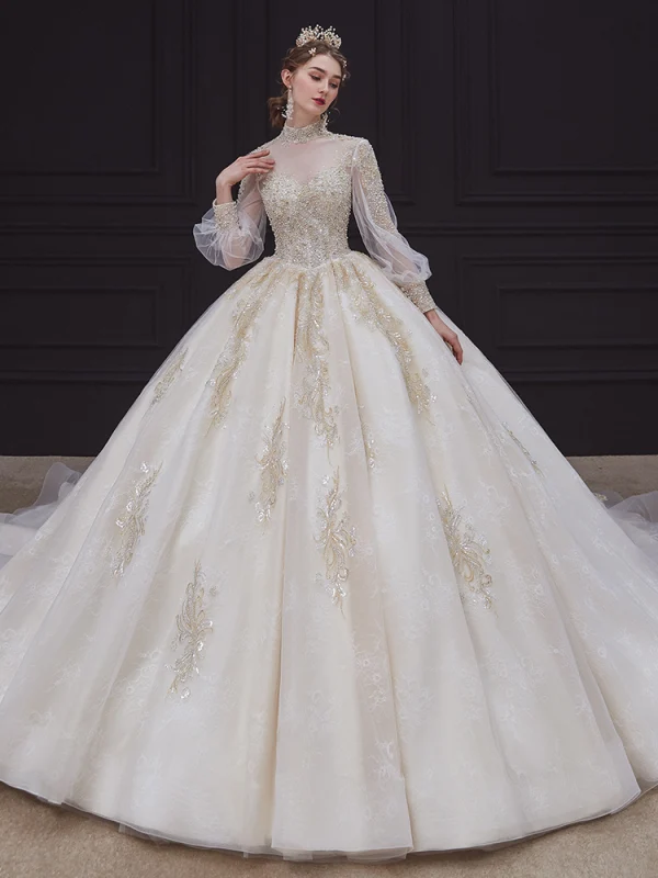 champagne wedding dress long sleeve Champagne Sheer Sleeve Lace Overskirt A-line Wedding Dress Champagne main image 0