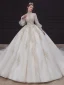Viktorianischer Stil Champagner Hochzeits Brautkleider / Hochzeitskleider 2020 Ballkleid Durchsichtige Stehkragen Geschwollenes Lange Ärmel Rückenfreies Handgefertigt Perlenstickerei Perle Applikationen Spitze Königliche Schleppe
