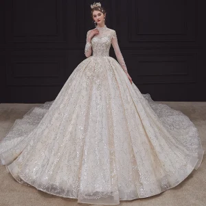 Luxury Gorgeous Champagne Bridal Wedding Dresses 2020 Ball Gown See Through High Neck 3 4 Sleeve Backless Appliques Lace Sequins Beading Royal Train Ruffle