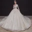 Luxe Champagne La Mariée Robe De Mariée 2020 Robe Boule Transparentes Col Haut 3/4 Manches Dos Nu Appliques En Dentelle Paillettes Perlage Royal Train Volants
