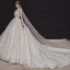 Luxe Champagne La Mariée Robe De Mariée 2020 Robe Boule Transparentes Col Haut 3/4 Manches Dos Nu Appliques En Dentelle Paillettes Perlage Royal Train Volants