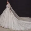 Luxury / Gorgeous Champagne Bridal Wedding Dresses 2020 Ball Gown See-through High Neck 3/4 Sleeve Backless Appliques Lace Sequins Beading Royal Train Ruffle