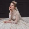 Luxury / Gorgeous Champagne Bridal Wedding Dresses 2020 Ball Gown See-through High Neck 3/4 Sleeve Backless Appliques Lace Sequins Beading Royal Train Ruffle
