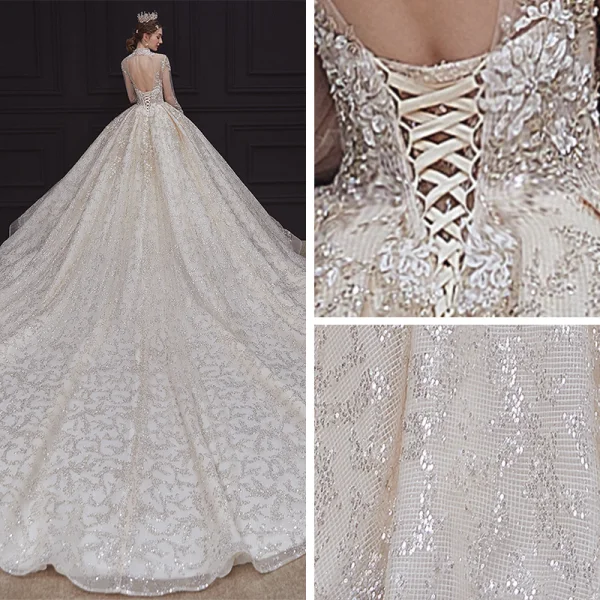 Luxe Champagne La Mariée Robe De Mariée 2020 Robe Boule Transparentes Col Haut 3/4 Manches Dos Nu Appliques En Dentelle Paillettes Perlage Royal Train Volants