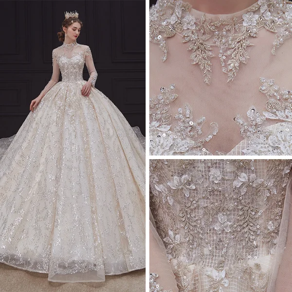 Luxe Champagne La Mariée Robe De Mariée 2020 Robe Boule Transparentes Col Haut 3/4 Manches Dos Nu Appliques En Dentelle Paillettes Perlage Royal Train Volants