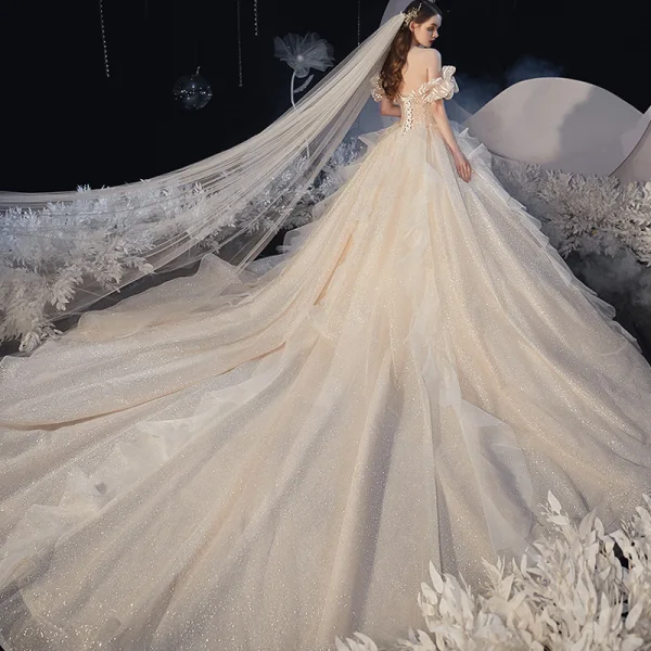 Chic / Beautiful Champagne Bridal Wedding Dresses 2020 Ball Gown Off-The-Shoulder Short Sleeve Backless Glitter Tulle Cathedral Train Ruffle