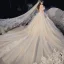 Chic / Beautiful Champagne Bridal Wedding Dresses 2020 Ball Gown Off-The-Shoulder Short Sleeve Backless Glitter Tulle Cathedral Train Ruffle