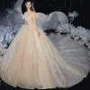 Chic / Beautiful Champagne Bridal Wedding Dresses 2020 Ball Gown Off-The-Shoulder Short Sleeve Backless Glitter Tulle Cathedral Train Ruffle